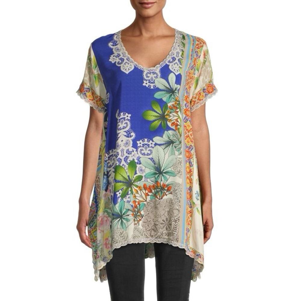 Johnny Was Blue Multicolor Floral Lace-Trim Tunic